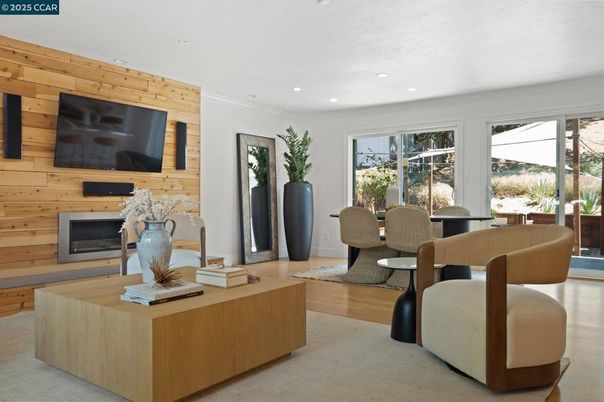 Dining room, Interior, Living room, Recessed Lighting, Wood Texture Flooring, Wooden Walls