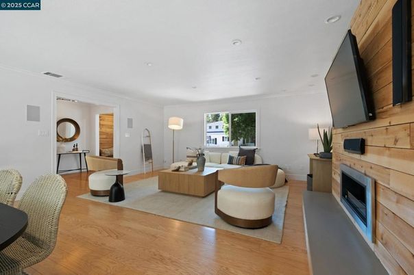 Fireplace, Interior, Living room, Recessed Lighting, Wood Texture Flooring