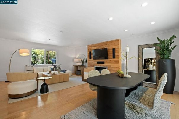 Dining room, Interior, Living room, Recessed Lighting, Wood Texture Flooring, Wooden Walls