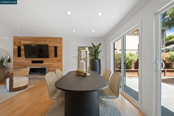Dining room, Interior, Recessed Lighting, Wood Texture Flooring, Wooden Walls