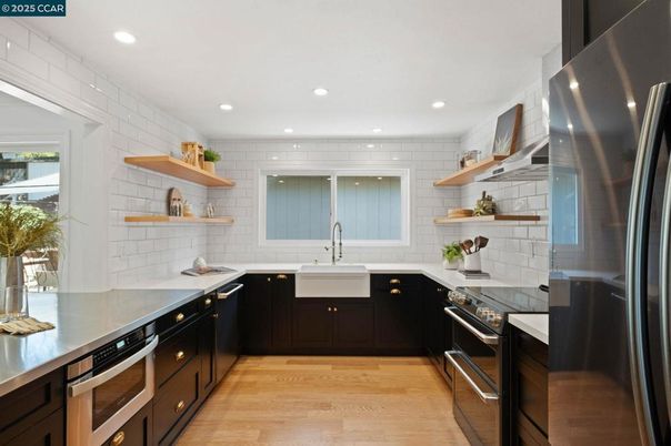 Interior, Kitchen, Recessed Lighting, Stainless Steel Appliances, Wood Texture Flooring