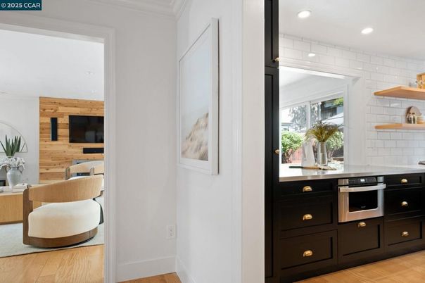 Interior, Kitchen, Recessed Lighting, Stainless Steel Appliances, Wood Texture Flooring, Wooden Walls