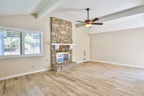 Empty room, Fireplace, Interior, Stone Walls, Wood Texture Flooring