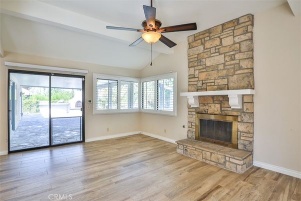 Empty room, Fireplace, Interior, Stone Walls, Wood Texture Flooring
