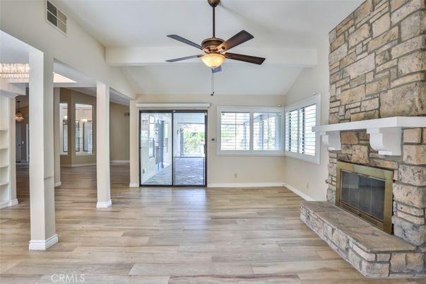 Empty room, Fireplace, Interior, Stone Walls, Wood Texture Flooring