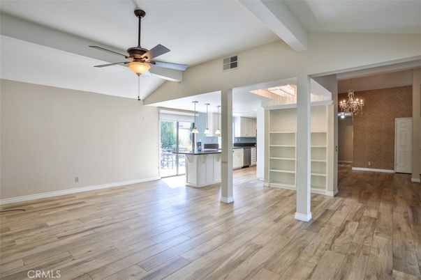 Chandelier, Empty room, Interior, Kitchen, Pendant Lights, Wood Texture Flooring