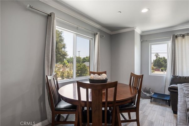 Dining room, Interior, Recessed Lighting, Wood Texture Flooring