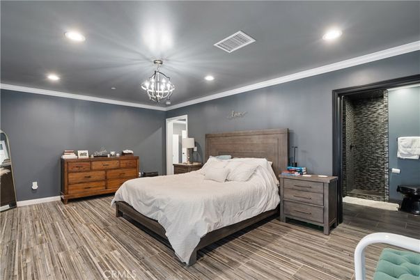 Bedroom, Interior, Pendant Lights, Recessed Lighting, Wood Texture Flooring
