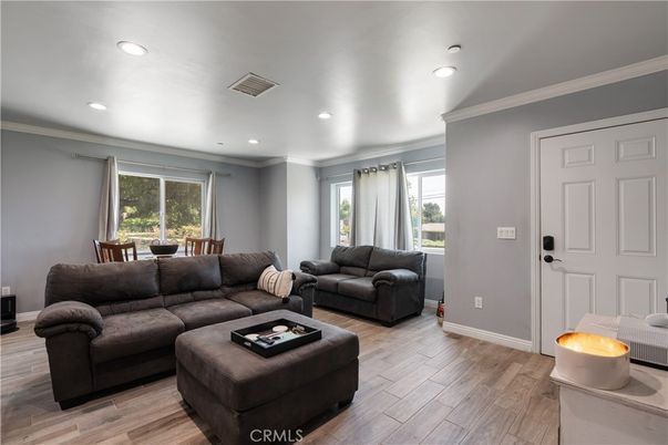 Dining room, Interior, Living room, Recessed Lighting, Wood Texture Flooring