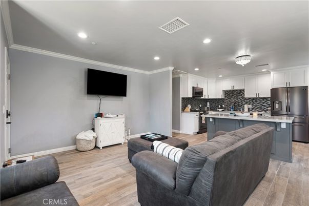 Interior, Kitchen, Living room, Recessed Lighting, Stainless Steel Appliances, Wood Texture Flooring