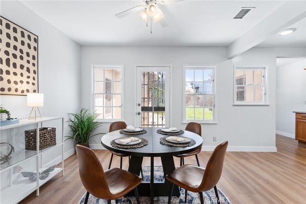 Dining room, Interior, Recessed Lighting, Wood Texture Flooring