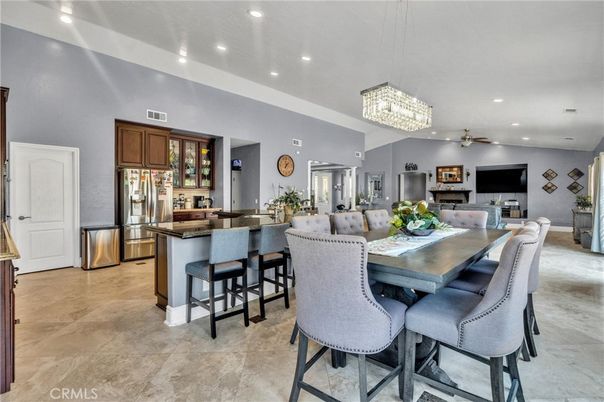 Chandelier, Dining room, Interior, Kitchen, Recessed Lighting, Stainless Steel Appliances