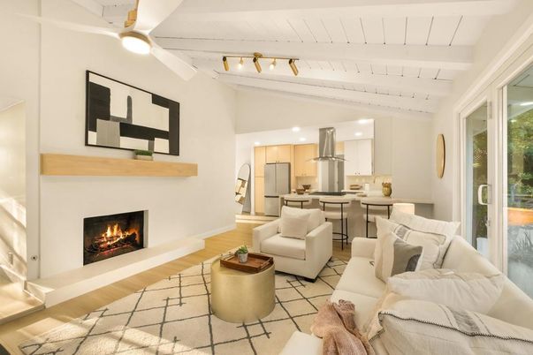 Fireplace, Interior, Kitchen, Living room, Recessed Lighting, Stainless Steel Appliances, Wood Texture Flooring