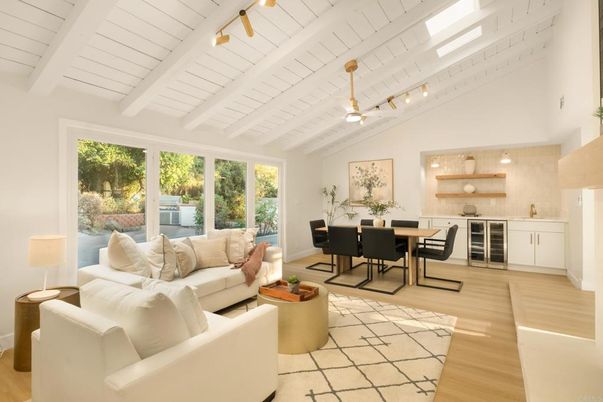 Dining room, Interior, Living room, Pendant Lights, Wood Texture Flooring