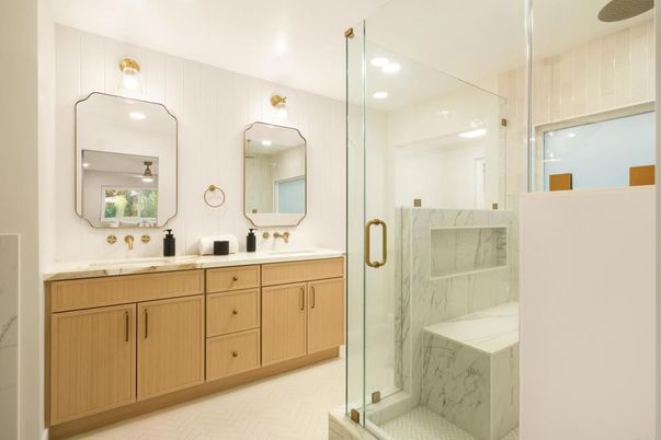 Bathroom, Dual Sink Vanities, Glass Shower, Interior, Marble Walls, Recessed Lighting