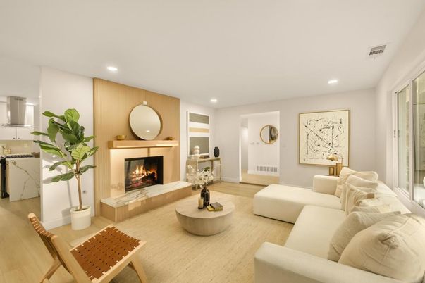 Fireplace, Interior, Living room, Recessed Lighting, Wood Texture Flooring