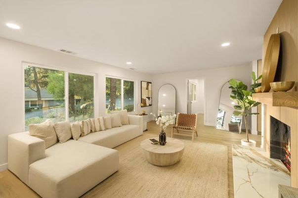 Fireplace, Interior, Living room, Recessed Lighting, Wood Texture Flooring