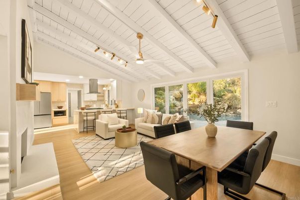 Dining room, Interior, Kitchen, Living room, Recessed Lighting, Stainless Steel Appliances, Wood Texture Flooring