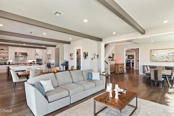 Dining room, Interior, Kitchen, Living room, Pendant Lights, Recessed Lighting, Stainless Steel Appliances, Wood Texture Flooring