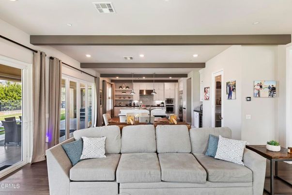 Dining room, Interior, Kitchen, Living room, Pendant Lights, Recessed Lighting, Stainless Steel Appliances, Wood Texture Flooring