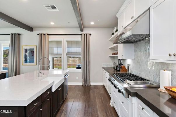 Interior, Kitchen, Recessed Lighting, Stainless Steel Appliances, Wooden Beams, Wood Texture Flooring