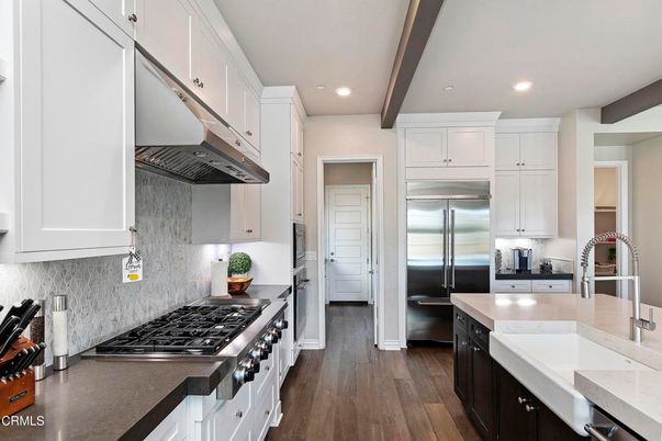 Interior, Kitchen, Recessed Lighting, Stainless Steel Appliances, Wooden Beams, Wood Texture Flooring