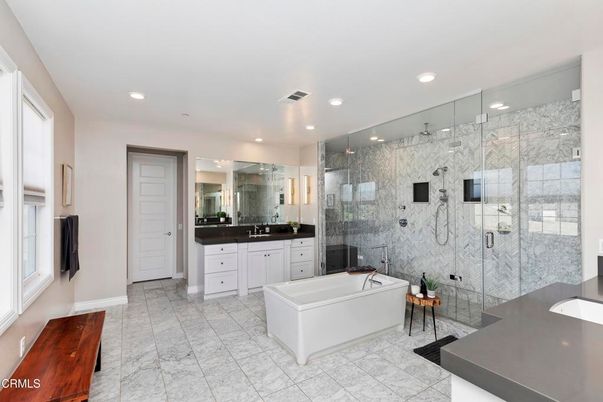 Bathroom, Dual Sink Vanities, Free Standing Baths, Glass Shower, Interior, Marble, Marble Walls, Recessed Lighting