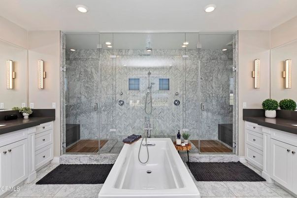 Bathroom, Glass Shower, Interior, Marble, Marble Walls, Recessed Lighting