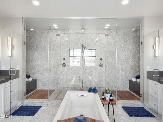 Bathroom, Glass Shower, Interior, Marble Walls, Recessed Lighting, Wood Texture Flooring