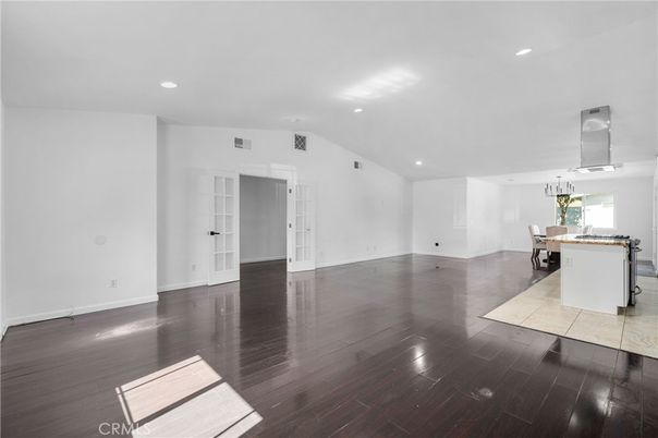 Dining room, Empty room, Interior, Kitchen, Pendant Lights, Recessed Lighting, Wood Texture Flooring