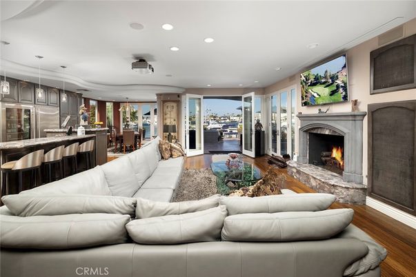 Dining room, Fireplace, Interior, Kitchen, Living room, Pendant Lights, Recessed Lighting, Wood Texture Flooring