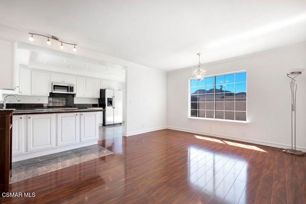 Chandelier, Empty room, Interior, Kitchen, Stainless Steel Appliances, Wood Texture Flooring