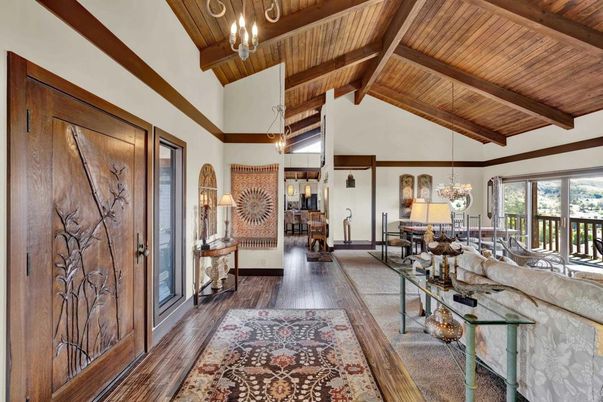Chandelier, Interior, Living room, Pendant Lights, Wooden Beams, Wooden Ceilings, Wood Texture Flooring