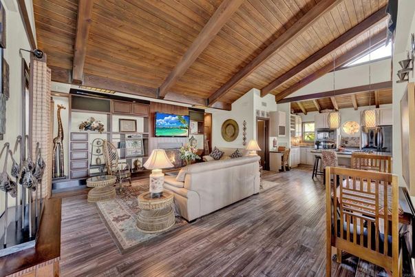Dining room, Interior, Kitchen, Living room, Pendant Lights, Wooden Beams, Wooden Ceilings, Wood Texture Flooring