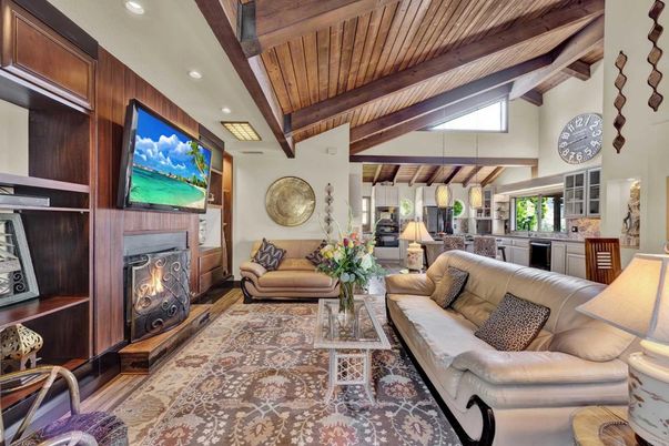 Fireplace, Interior, Kitchen, Living room, Recessed Lighting, Wooden Beams, Wooden Ceilings, Wood Texture Flooring, Wooden Walls
