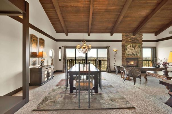 Chandelier, Dining room, Fireplace, Interior, Stone Walls, Wooden Beams, Wooden Ceilings