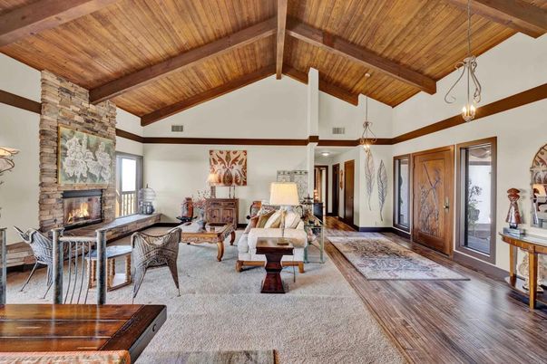 Dining room, Fireplace, Interior, Living room, Pendant Lights, Stone Walls, Wooden Beams, Wooden Ceilings, Wood Texture Flooring