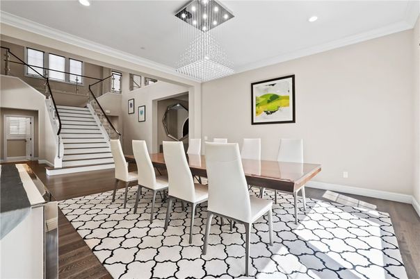 Dining room, Interior, Pendant Lights, Recessed Lighting, Wood Texture Flooring