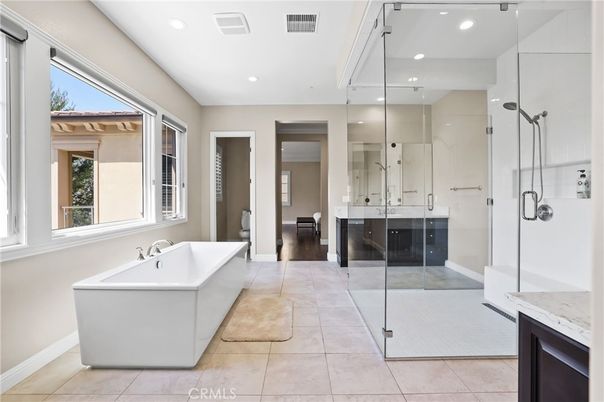 Bathroom, Free Standing Baths, Glass Shower, Interior, Recessed Lighting