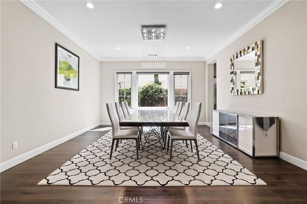 Dining room, Interior, Pendant Lights, Recessed Lighting, Wood Texture Flooring