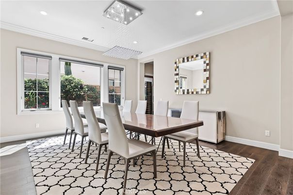 Dining room, Interior, Pendant Lights, Recessed Lighting, Wood Texture Flooring