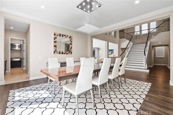 Dining room, Interior, Pendant Lights, Recessed Lighting, Wood Texture Flooring