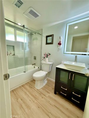 Bathroom, Glass Shower, Interior, Recessed Lighting, Wood Texture Flooring