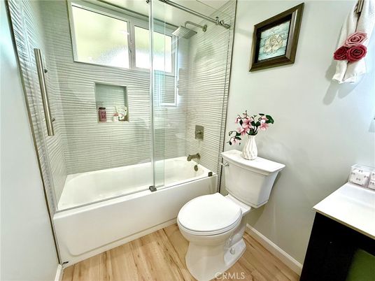 Bathroom, Glass Shower, Interior, Wood Texture Flooring