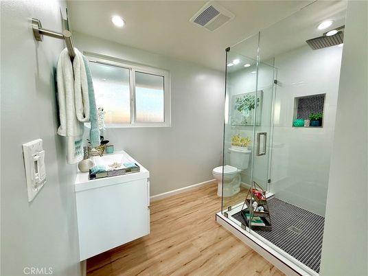 Bathroom, Glass Shower, Interior, Recessed Lighting, Wood Texture Flooring