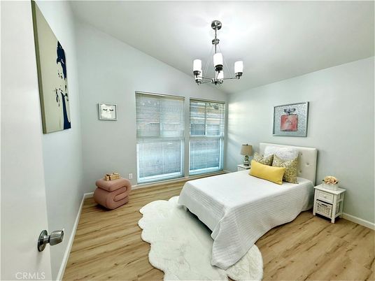 Bedroom, Chandelier, Interior, Wood Texture Flooring