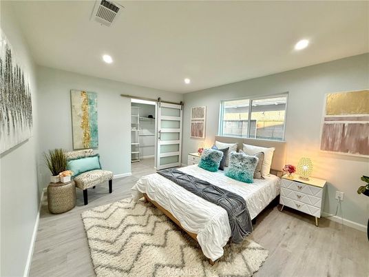 Bedroom, Interior, Recessed Lighting, Wood Texture Flooring