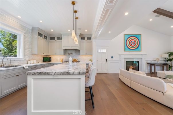 Fireplace, Interior, Kitchen, Living room, Pendant Lights, Recessed Lighting, Wood Texture Flooring