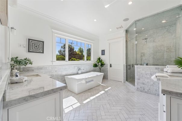 Bathroom, Dual Sink Vanities, Free Standing Baths, Glass Shower, Interior, Marble, Marble Walls, Recessed Lighting