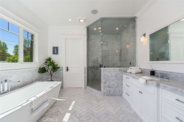Bathroom, Dual Sink Vanities, Free Standing Baths, Glass Shower, Interior, Marble Walls, Recessed Lighting